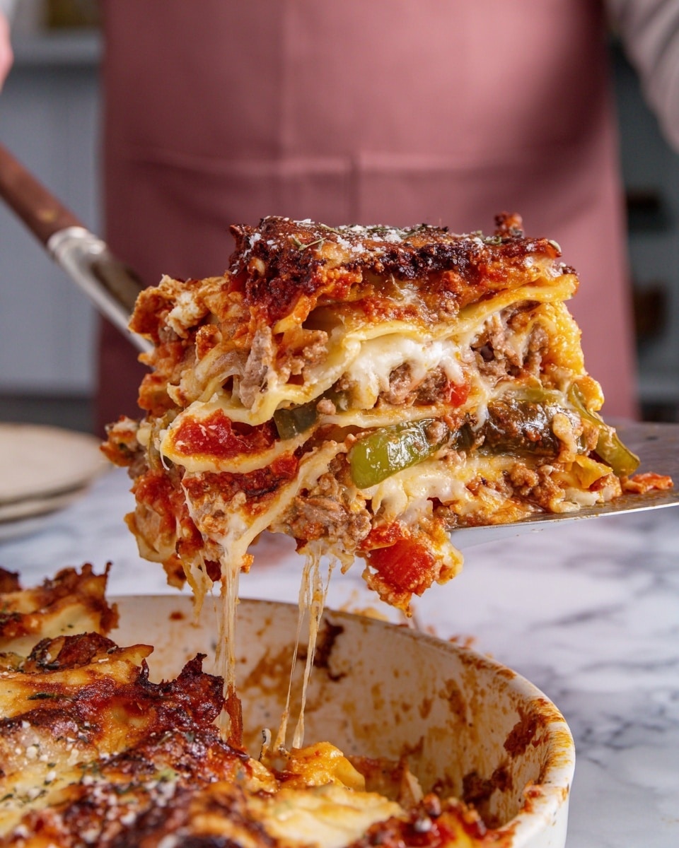 A close-up of a large slice of lasagna being lifted by a silver spatula shows multiple layers: the bottom layer is pasta with melted cheese and red tomato sauce, above it is a layer of ricotta cheese mixed with cooked ground meat and bits of green pepper, then another layer of pasta topped with a mix of melted mozzarella cheese, cooked vegetables like onions and green peppers, and chunky tomato sauce; the top layer is golden brown with crisp, slightly burnt spots of melted cheese, sprinkled with Parmesan, with some cheese strings stretching from the lasagna below to the spatula. The slice is held over a white dish with more lasagna, all set on a white marbled texture with a person wearing a dusty rose apron in the background. photo taken with an iphone --ar 4:5 --v 7