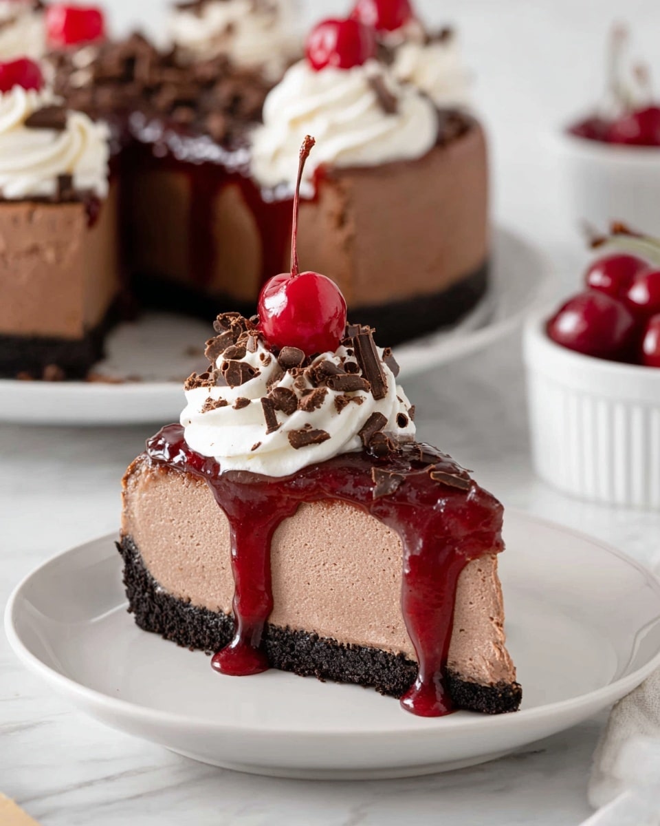 A slice of chocolate cheesecake sits on a white plate with a thin, dark cookie crust as the bottom layer. The middle layer is a thick, creamy milk chocolate cheesecake with a smooth texture. On top, there is a layer of shiny red cherry topping that drips down the side. Whipped cream with chocolate shavings is piped in a swirl on top, crowned by a bright red cherry with a stem. In the background, there is a whole cheesecake with similar layers and decoration, along with a white bowl filled with extra cherries. The surface beneath is a white marbled texture. Photo taken with an iphone --ar 4:5 --v 7