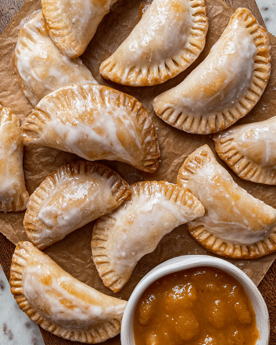 The image shows a collection of small, crescent-shaped pastries arranged close together on a piece of brown parchment paper. Each pastry has a pale golden-brown color and a shiny white glaze coating, with crimped edges that add texture. On the bottom right corner, there is a small white bowl filled with a thick, orange-brown sauce, having a smooth texture with small chunks. The background is a white marbled surface. photo taken with an iphone --ar 4:5 --v 7