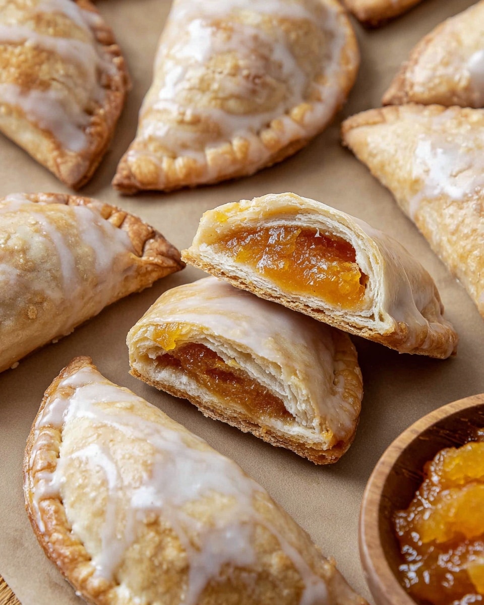 The image shows several small, half-moon shaped pastries with a light golden-brown crust, all covered with a shiny white glaze. In the center, one pastry is cut in half, revealing a thick orange filling inside soft, flaky layers of dough. The pastries are laid out on a beige surface, and a small wooden bowl filled with the same orange filling is partially visible at the bottom right corner. photo taken with an iphone --ar 4:5 --v 7