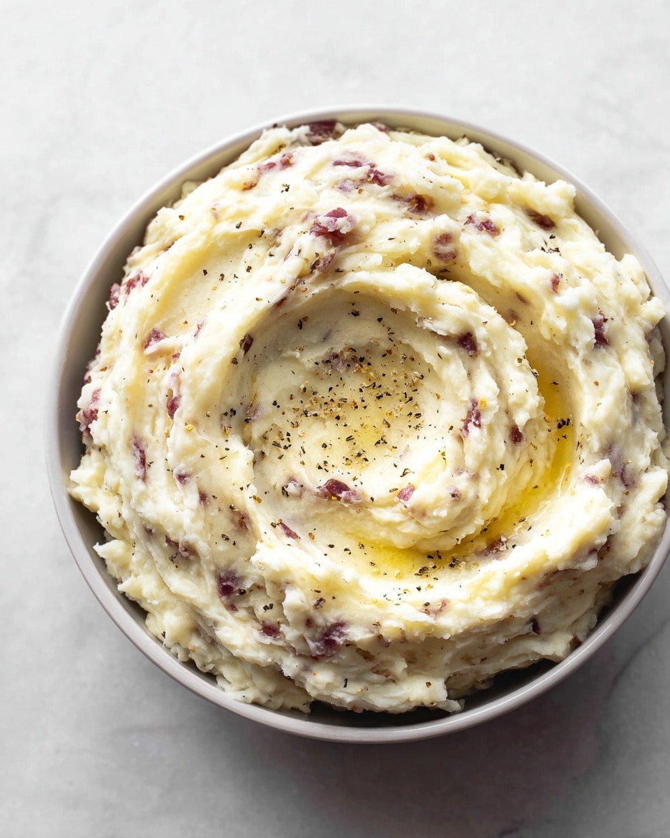 A round white bowl filled with creamy mashed potatoes that have small bits of purple-red potato skin mixed throughout. The mashed potatoes are swirled in a rough spiral pattern, with a small pool of melted butter and a sprinkle of black pepper in the center, giving a glossy and slightly shiny texture at the top. The bowl sits on a white marbled surface, and the lighting softly highlights the smooth, soft, and fluffy texture of the dish. photo taken with an iphone --ar 4:5 --v 7