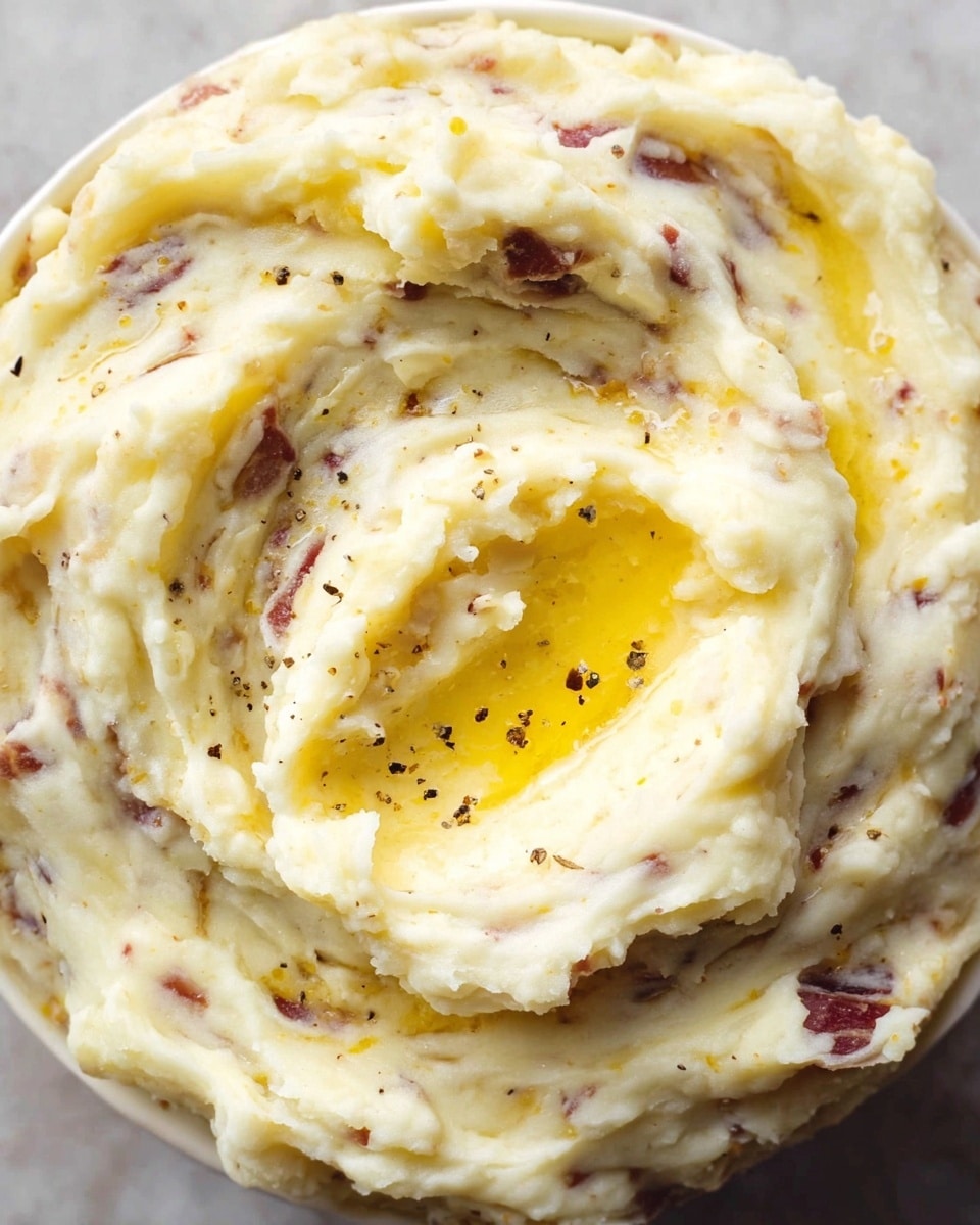 The image shows a close-up of creamy mashed potatoes with bits of red skin potato mixed in, giving it a light off-white color with small red patches. In the center, there is a dollop of melted butter that is bright yellow and slightly glossy, with a few specks of black pepper sprinkled on top. The texture of the mashed potatoes looks smooth but still a little chunky, with swirls and ridges around the butter pool. The background is a white marbled texture. photo taken with an iphone --ar 4:5 --v 7