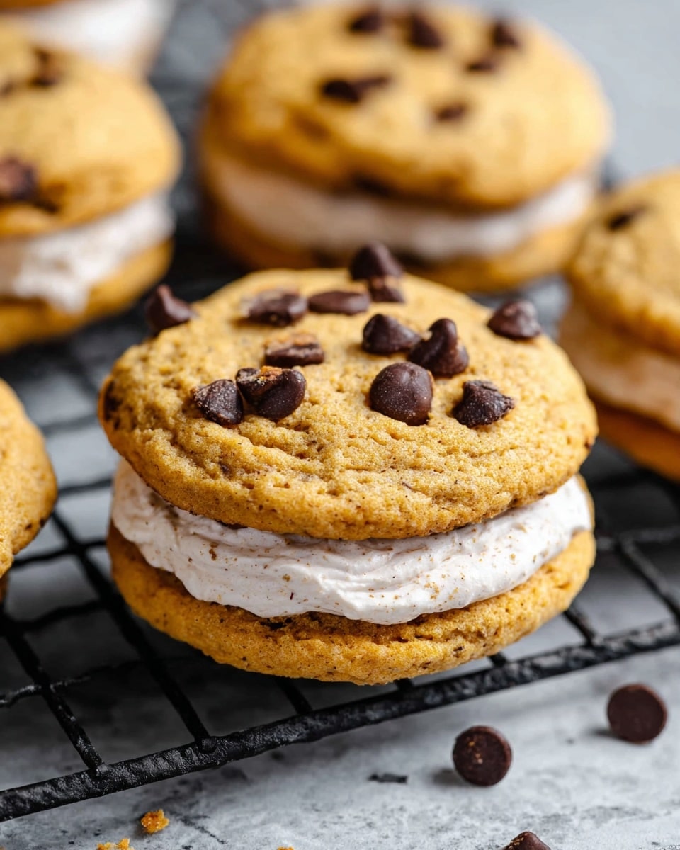 The image shows cookie sandwiches made of two soft, golden-brown cookies with a slightly rough texture, dotted with dark chocolate chips on top. Between the two cookie layers, there is a thick, creamy white filling with tiny brown specks, giving it a light, fluffy texture. The cookies sit on a black wire rack, and the background is changed to a white marbled texture. The scene focuses closely on one cookie sandwich in the center, with parts of other sandwiches visible around it, showing the layers clearly. photo taken with an iphone --ar 4:5 --v 7