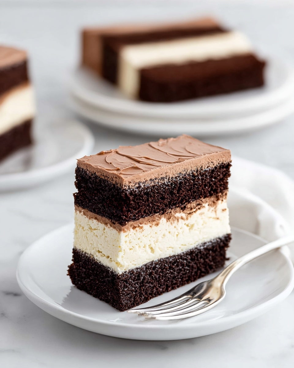 A tall rectangular slice of layered cake sits in the center of a white plate on a white marbled surface. The cake has three layers: a dense, dark chocolate base; a thick, smooth, creamy white middle layer; and a thick top layer of soft, light brown chocolate frosting with a slightly swirled texture. Behind it, slightly out of focus, is a round white plate with two more thick rectangular pieces of the same cake. A white fork rests on the plate next to the slice. photo taken with an iphone --ar 4:5 --v 7