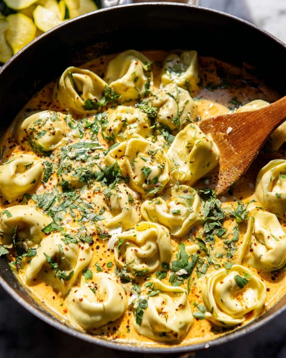 A close-up view of a skillet filled with creamy orange sauce, dotted with herbs and spices, highlighting around fifteen tortellini pasta pieces scattered throughout. The tortellini are pale yellow with a soft, folded texture. Fresh chopped green herbs are sprinkled generously over the pasta and sauce, giving a vibrant contrast. In the background, slices of yellow squash and chopped garlic pieces mix in the sauce. A wooden spoon rests in the pan on the right side, partially submerged in the sauce. The setting is on a white marbled surface. photo taken with an iphone --ar 4:5 --v 7