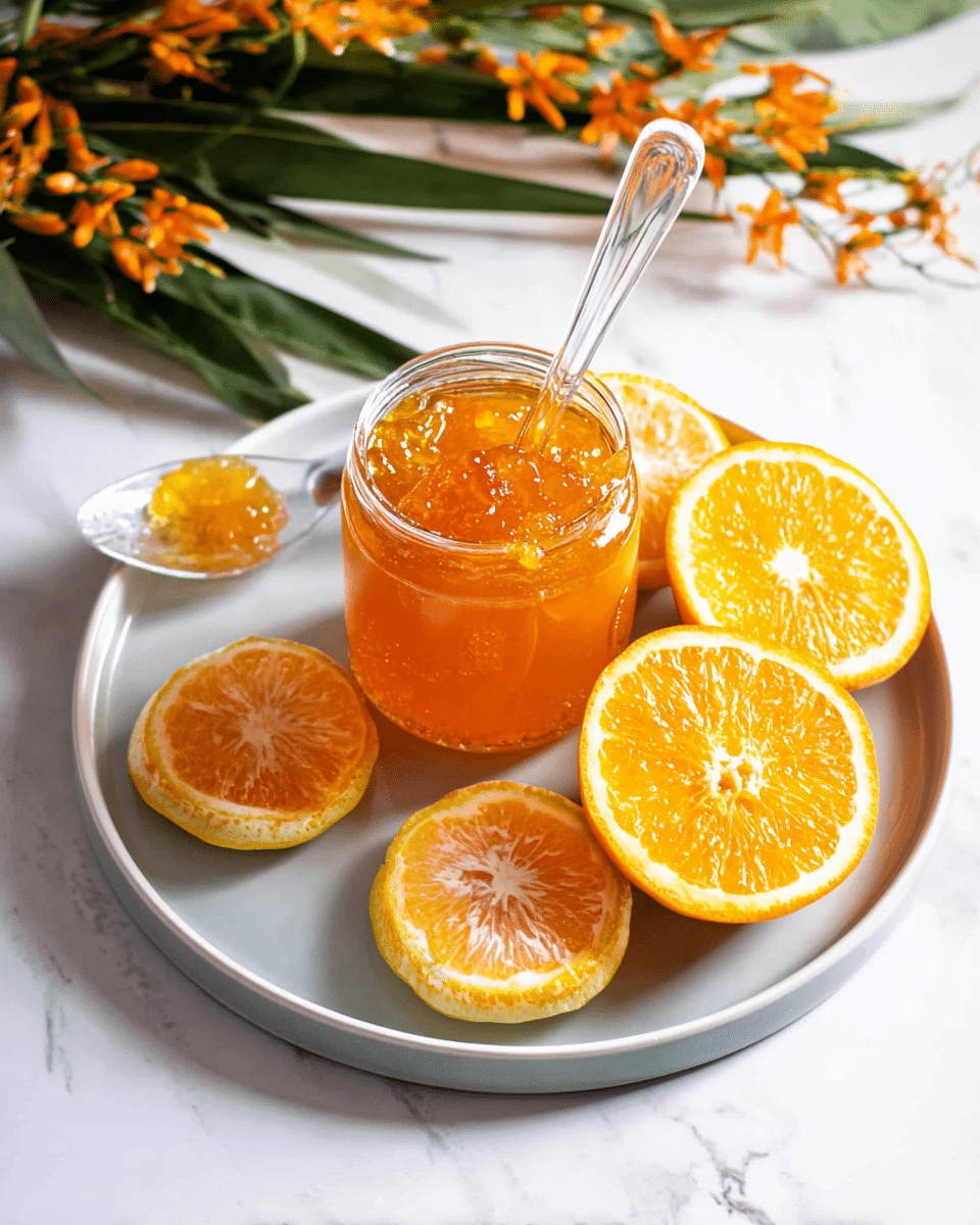 A clear glass jar filled with bright orange marmalade sits in the center of a white plate with a light gray rim, surrounded by six orange and yellow half-cut citrus fruits showing seeds and pulp; a transparent spoon is inside the jar with marmalade on it, while another transparent spoon rests on one fruit half with marmalade on its tip. The plate is set on a white marbled surface, partially covered by green foliage and orange flower garlands in the background. photo taken with an iphone --ar 4:5 --v 7