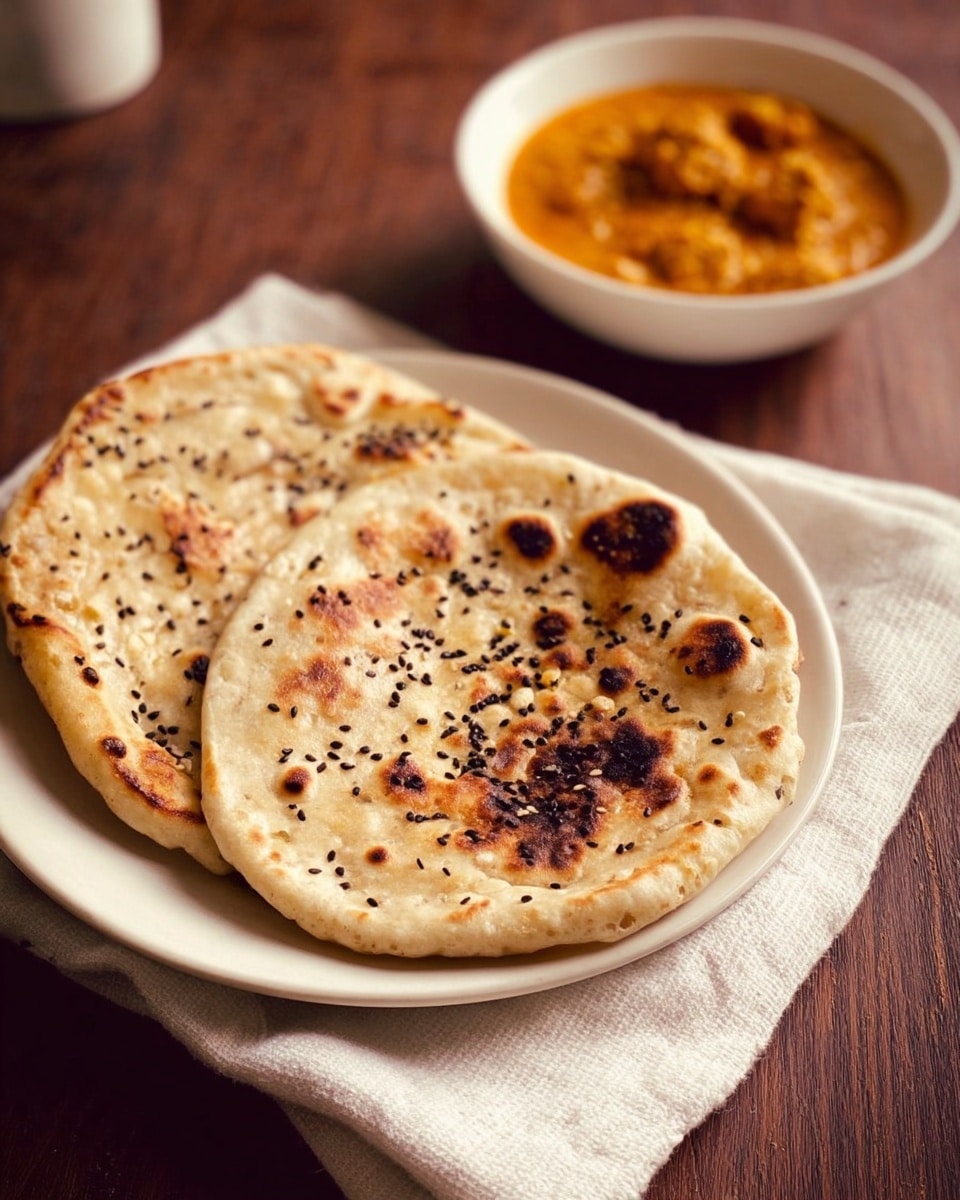 Two flatbreads with uneven round shapes and light brown color with darker toasted spots and blackened sesame seeds lie on a white plate placed on a white cloth. In the background, there is a white bowl containing orange creamy curry with chunks of paneer. Both dishes are on a dark brown wooden surface with a slightly blurred effect. The photo taken with an iphone --ar 4:5 --v 7