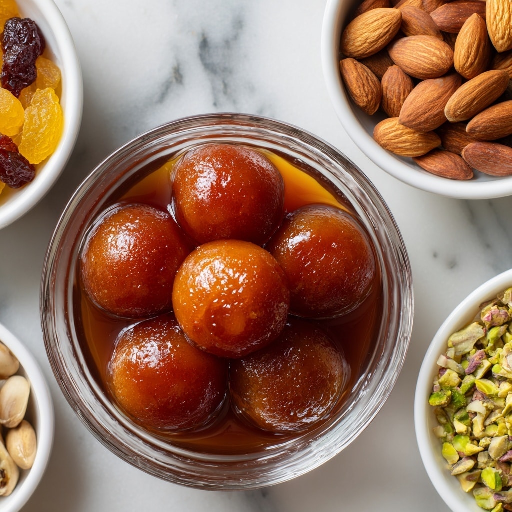 The image shows a close-up of a round glass bowl filled with seven smooth, shiny, deep orange-brown gulab jamun balls soaked in syrup, neatly arranged in a circular pattern. Above this bowl, there are two smaller round white bowls: one contains mixed dried fruits with a mix of golden yellow, dark red, and brown pieces, while the other holds light brown almonds with a natural texture. To the right, a small part of another white bowl filled with pale green pistachios is visible. All bowls are placed on a white marbled surface. The colors are warm and inviting, with a glossy syrup reflection on the gulab jamun. Photo taken with an iphone --ar 4:5 --v 7
