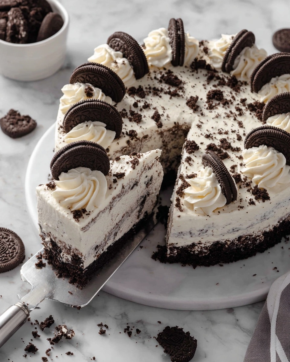 A round cookies and cream cake with about three layers is shown on a white plate on a white marbled surface. The bottom layer is dark chocolate cake, topped with a thick layer of white cream mixed with cookie crumbs, and the top is covered smoothly with the same cream and cookie crumbs. Around the top edge, there are swirls of white whipped cream, each topped with a whole dark chocolate sandwich cookie, and sprinkled with more crushed cookie pieces. One slice is being lifted by a metal spatula, showing the creamy texture inside. Extra whole and broken sandwich cookies are scattered around the plate and a small white bowl filled with cookies is nearby. photo taken with an iphone --ar 4:5 --v 7