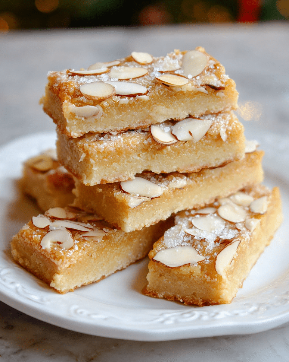 The image shows a white plate with a stack of seven light golden brown bars arranged unevenly. Each bar is rectangular with visible grainy texture in the middle layer, topped with thin, toasted almond slices and small white sugar crystals. The bottom layer is a slightly darker golden crust, smooth and firm. The background features a soft white marbled texture, enhancing the warm color of the bars. photo taken with an iphone --ar 4:5 --v 7