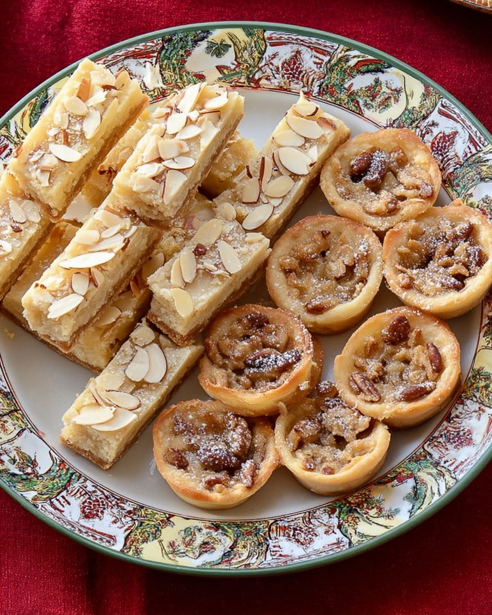 A festive round white plate with a colorful holiday pattern around the edge holds two types of baked treats arranged neatly. On the left side, there are about ten short, thick rectangular bars with a pale golden color, topped with sliced almonds and a sprinkle of coarse white sugar, showing a soft texture. On the right side, there are about fifteen small round tarts with a golden-brown crust and a crumbly, nutty filling that is darker in color with visible pieces. The plate sits on a white marbled surface with a rich red cloth underneath it. photo taken with an iphone --ar 4:5 --v 7