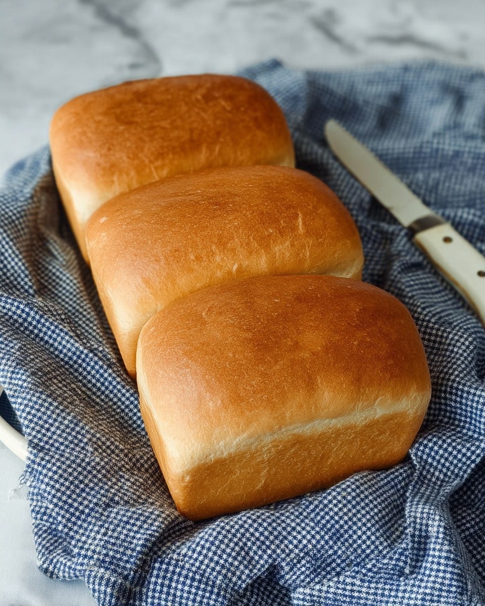 Three loaves of bread with a smooth, golden-brown crust are placed in a row on a white plate covered with a blue and white checked cloth, creating a cozy and fresh look. The loaves have a soft, slightly shiny texture on top and a firm, smooth surface on the sides. To the right of the plate, there is an old knife with a white handle resting gently. The background is a white marbled surface that adds a clean and simple feel to the image. Photo taken with an iphone --ar 4:5 --v 7