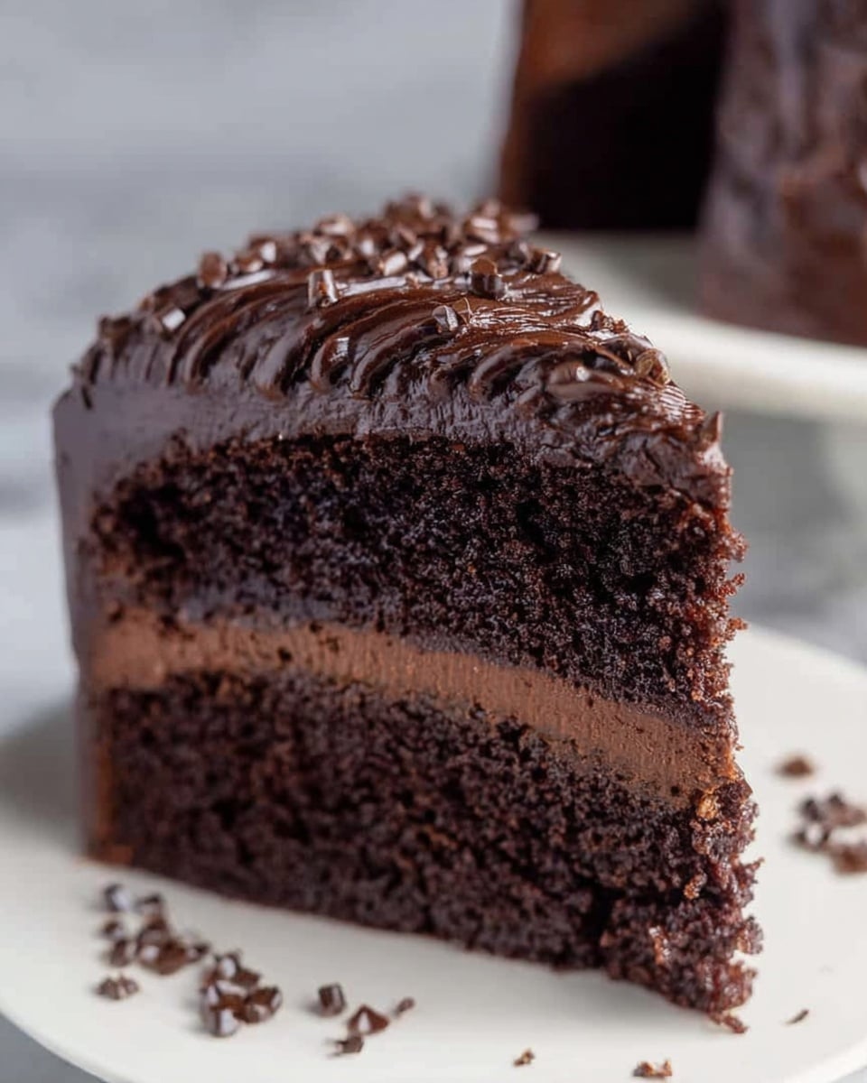 A close-up of a two-layer chocolate cake slice on a white plate, resting on a white marbled surface, with each cake layer being dark brown with a slightly crumbly texture. Between the layers is a smooth, thick dark chocolate filling. The top and sides of the cake are covered in a glossy, rich chocolate frosting with a textured, swirled pattern. The top is also sprinkled with small, shiny chocolate chunks. Some chocolate crumbs are scattered on the plate around the cake slice. Photo taken with an iphone --ar 4:5 --v 7