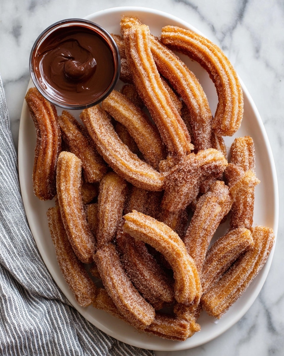 The image shows a white oval plate filled with many churros, each churro coated with a layer of sugar giving a rough texture with light and dark golden brown tones. The churros are curved and arranged in a casual overlapping way, filling nearly the whole plate. At the top left of the plate, there is a small clear glass bowl filled with thick, dark brown chocolate sauce. The plate is set on a white marbled surface with a striped gray and white cloth partially visible on the left side. photo taken with an iphone --ar 4:5 --v 7