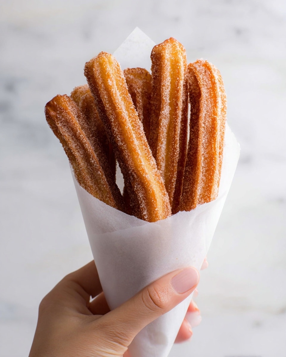 A woman's hand is holding a white parchment paper cone filled with seven churros. Each churro is golden brown with a ridged texture and coated evenly with a layer of granulated sugar and cinnamon. The churros are arranged standing upright inside the cone, showing their ends with rough crispy edges. The background is a white marbled texture, creating a clean and simple setting. photo taken with an iphone --ar 4:5 --v 7