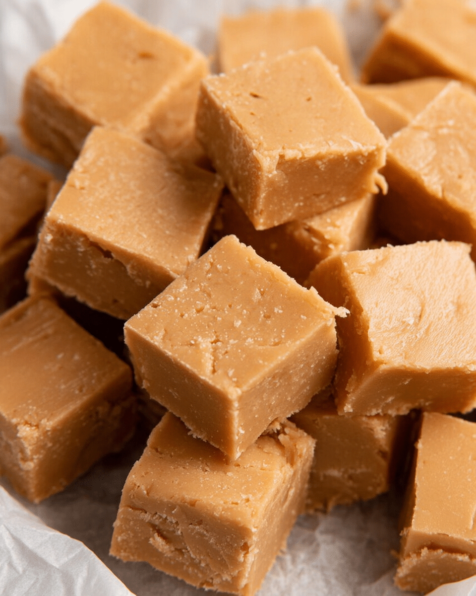 This image shows many small square pieces of light brown fudge with a smooth but slightly crumbly texture, stacked closely together on white parchment paper. The fudge pieces have clean-cut edges and a few small cracks or rough spots on the surface, giving them a homemade look. The background is a white marbled texture. photo taken with an iphone --ar 4:5 --v 7