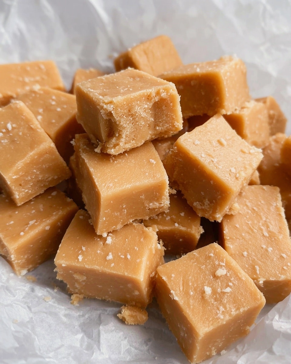 The image shows many square pieces of light brown fudge with a smooth but slightly crumbly texture. The fudge pieces are stacked and scattered together on white crinkled parchment paper, with some edges showing small cracks and rough bits. The background is a white marbled texture. Photo taken with an iphone --ar 4:5 --v 7