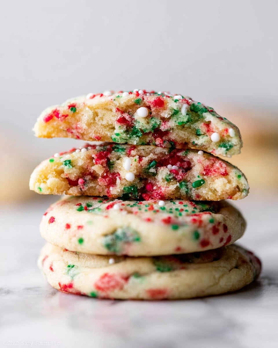 The image shows a stack of three cookies on a white marbled surface, with the top cookie broken in half to reveal its inside. Each cookie has a light, soft dough base filled with colorful red, green, and a few white sprinkles, giving a festive look. The cookies are slightly thick and chewy, with a crumbly texture visible in the broken pieces. The sprinkles are spread evenly inside and on the top of the cookies, adding small pops of color, while the overall shape is round with slightly smooth edges. Photo taken with an iphone --ar 4:5 --v 7