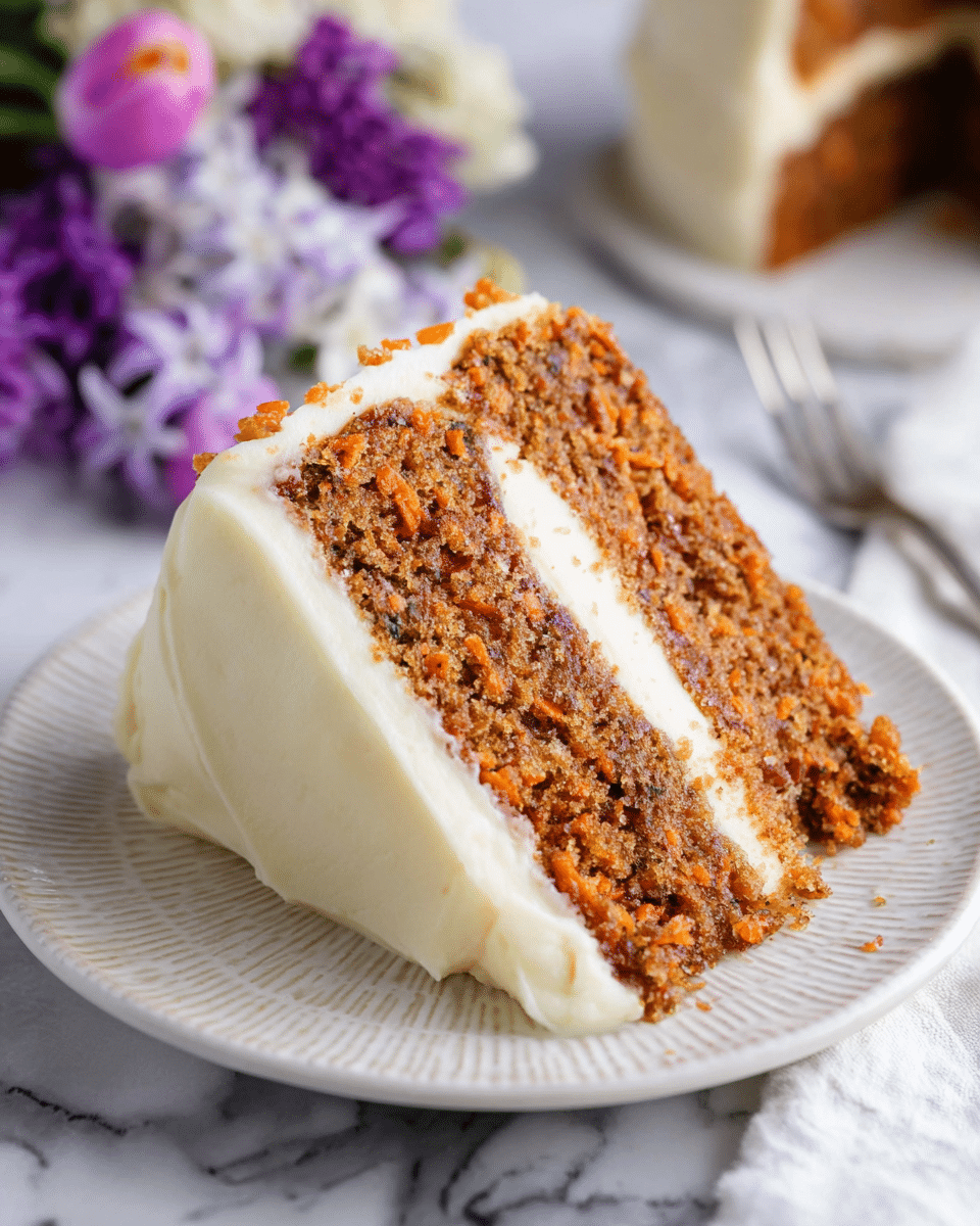 A slice of two-layer carrot cake sits on a white plate with a subtle textured edge. The bottom and top layers are moist, brownish-orange cake with visible carrot bits creating a rough texture. Between these cake layers is a thick, smooth, creamy white frosting layer, matching the frosting that coats the outside sides and top edges of the slice. The cake slice leans slightly to one side, showing the contrast between the dense cake and the soft frosting. The background has a white marbled surface with blurred purple and white flowers near the plate, and a silver fork is partially visible nearby. Photo taken with an iphone --ar 4:5 --v 7