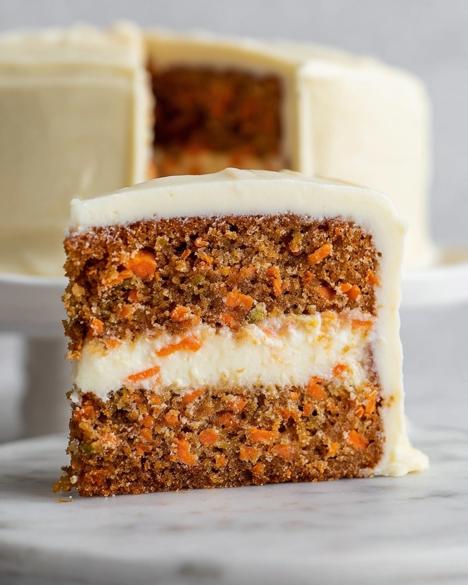 A close-up side view of a two-layer carrot cake slice with visible small orange carrot pieces inside the soft brown cake layers. Between these two layers is a thick, smooth, creamy white frosting layer. The cake is fully covered with a smooth white frosting on top and sides. The slice is placed on a white marbled surface with a white cake stand below. Another cake slice is blurred in the background on the right side. photo taken with an iphone --ar 4:5 --v 7