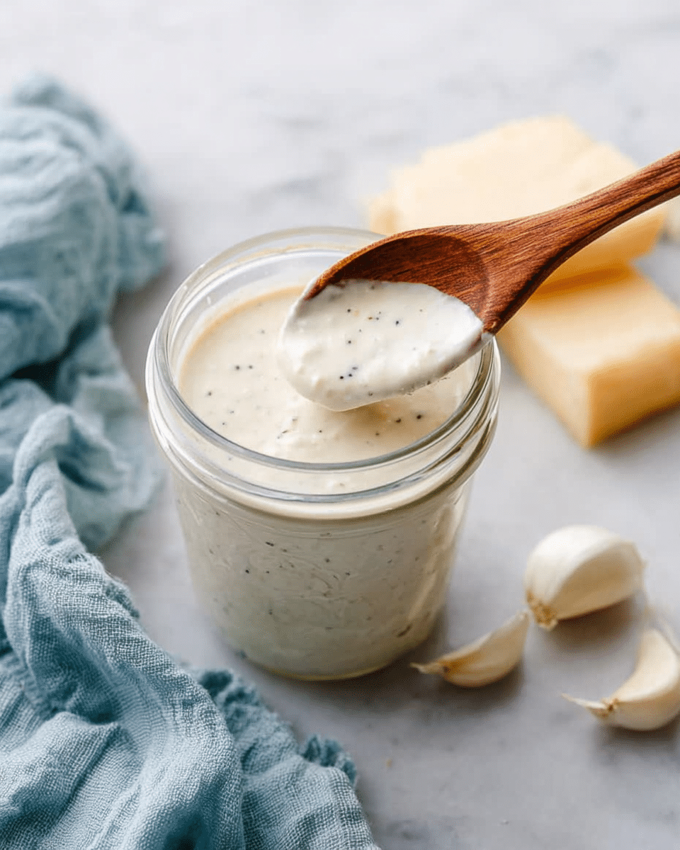 The image shows a small glass jar filled with a creamy white sauce that has small black specks scattered throughout. A wooden spoon is dipped into the sauce, lifting some of it inside the jar. Around the jar are a few light yellow cheese blocks and white garlic cloves placed on a white marbled surface. A crumpled light blue cloth is partially visible to the left of the jar. The textures in the image include the smoothness of the sauce, the grain of the wooden spoon, and the roughness of the cheese and garlic. photo taken with an iphone --ar 4:5 --v 7