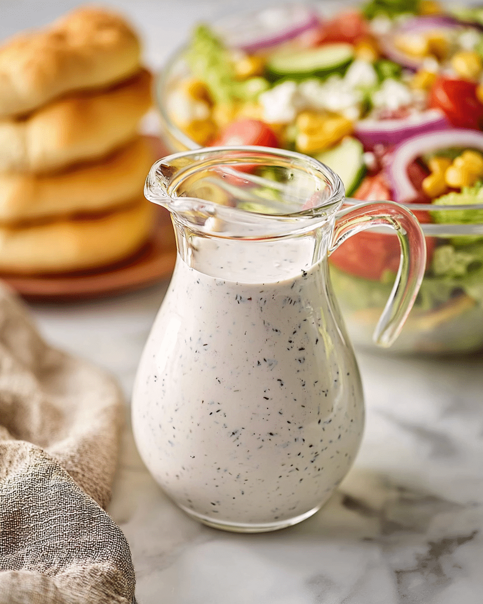 A clear glass pitcher filled with creamy white ranch dressing speckled with small dark herbs sits centered on a white marbled surface. In the background, a soft focus glass bowl holds a colorful salad with layers of bright green lettuce, yellow corn, red tomato slices, purple onion rings, and white cheese bits. To the left, a stack of golden brown breadsticks rests partially visible with a textured cloth nearby. photo taken with an iphone --ar 4:5 --v 7