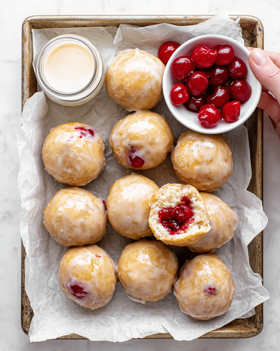 A tray lined with white parchment paper holds ten round cherry-filled dough balls covered in a shiny light golden glaze, with one dough ball cut open to show a bright red cherry filling inside. In the top left corner of the tray, there is a small glass jar filled with white glaze, and at the bottom right, a white bowl filled with several bright red cherries in syrup. The tray sits on a white marbled surface. photo taken with an iphone --ar 4:5 --v 7