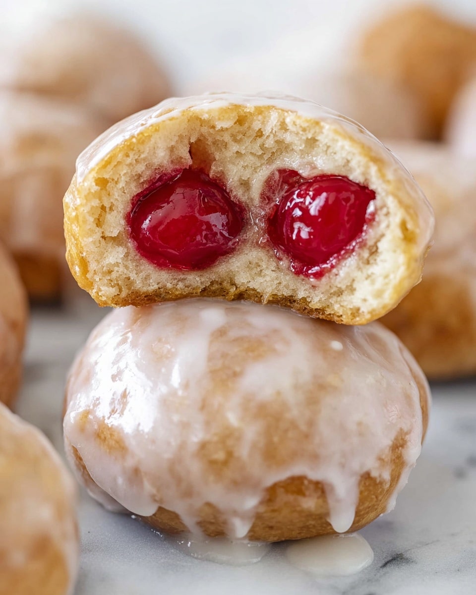 A close-up view of a small round glazed pastry, with the top one cut in half resting on another whole pastry. The cut pastry shows two bright red cherry filling pieces inside, glossy and juicy, surrounded by a soft, light golden brown dough layer. The outside is covered with a smooth, shiny white glaze that drips slightly on the sides. The background has a white marbled texture, with more whole glazed pastries softly out of focus. photo taken with an iphone --ar 4:5 --v 7