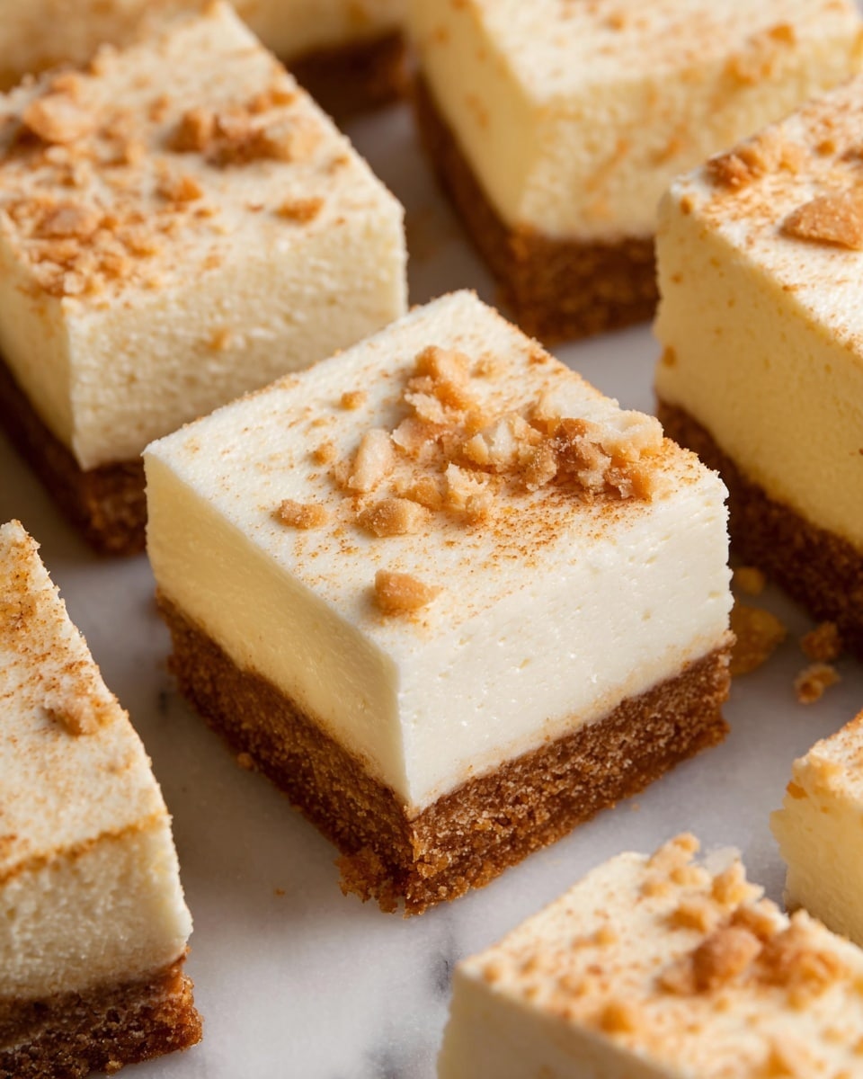 The image shows several square pieces of cheesecake with two clear layers on each piece. The bottom layer is a thick, crumbly, brown crust that appears firm and grainy in texture, while the top layer is a smooth, creamy white cheesecake filling. Some pieces have small, scattered light-brown crumbs or broken bits of crust sprinkled lightly on the top layer. The cheesecake squares are placed closely together on a surface with a white marbled texture. photo taken with an iphone --ar 4:5 --v 7