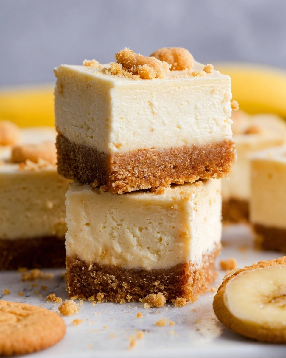 The image shows a close-up of three stacked cheesecake squares, each with two layers: a thick, creamy off-white cheesecake layer on top with a soft, slightly porous texture, and a dense, golden brown crumbly cookie crust at the bottom. The top cheesecake square has a few cookie crumbs scattered on its surface, adding rough texture. The stack is placed on a white marbled surface with some loose crumbs and one round golden cookie in the foreground. The background is softly blurred, showing more cheesecake squares with the texture and bright color of ripe bananas faintly visible. Photo taken with an iphone --ar 4:5 --v 7