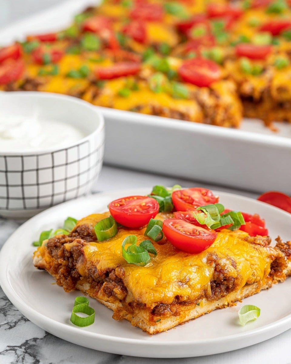 A square slice of taco pizza sits on a white plate with a white marbled texture underneath. The pizza has three layers: a crispy golden-brown crust at the bottom, a middle layer of ground beef mixed with a reddish sauce, and a top layer of melted yellow cheddar cheese that stretches slightly beyond the crust. On top of the cheese, there are fresh red cherry tomato halves and thinly sliced green onions scattered evenly. In the background, a white rectangular tray holds more of the taco pizza, and to the left, there is a white bowl with a grid pattern filled with a white creamy dip. Photo taken with an iphone --ar 4:5 --v 7