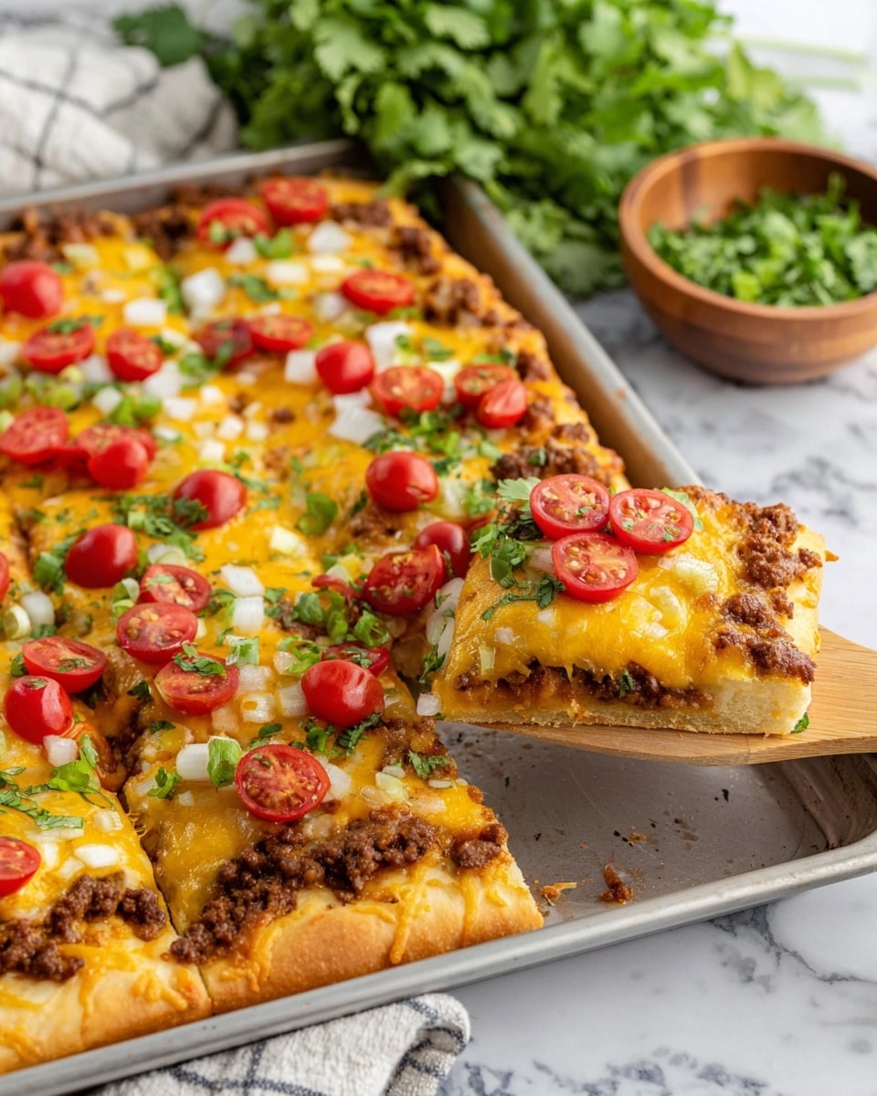 A thick rectangular pizza on a metal baking tray rests on a white marbled surface, cut into square slices. The pizza has three visible layers: a golden brown crust at the base, a middle layer of browned ground meat, and a top layer of melted yellow and white cheese covered with halved bright red cherry tomatoes and small green onion pieces. One slice is being lifted with a wooden spatula, showing cheese stretch and the layered filling. In the background, there is a bunch of fresh green cilantro, and a wooden bowl filled with chopped cilantro sits beside the tray. Photo taken with an iphone --ar 4:5 --v 7
