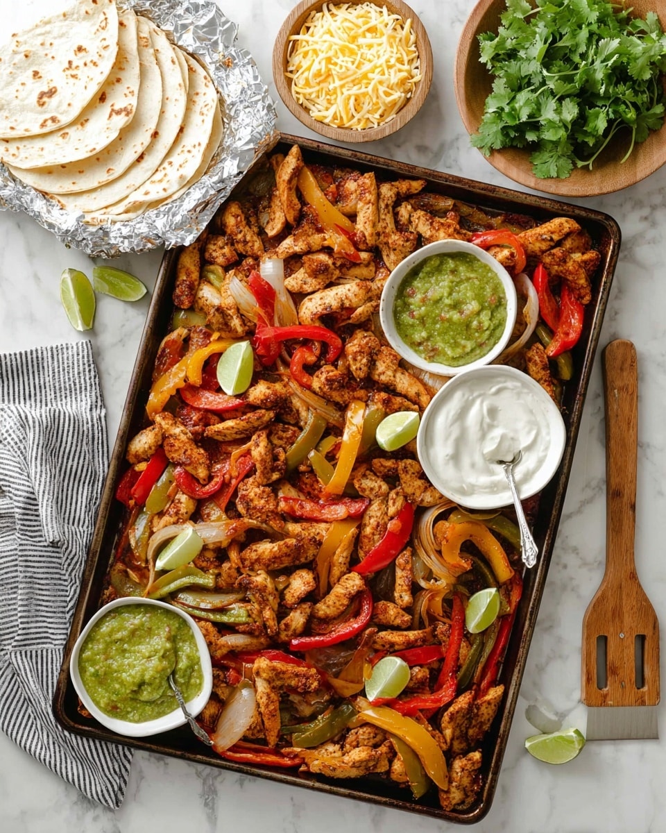 A large baking tray filled with cooked chicken strips and colorful bell pepper slices in red, yellow, and green, mixed with some grilled onion slices, topped with lime wedges scattered around. On the tray are three small white bowls containing bright green sauce, chunky red salsa, and thick white sour cream, each with a small spoon. To the top left, folded white tortillas rest on crinkled aluminum foil, and next to them is a wooden bowl filled with shredded cheese. A bunch of fresh green cilantro lies at the top right on a white marbled surface. A wooden spatula is placed on the right side of the tray photo taken with an iphone --ar 4:5 --v 7