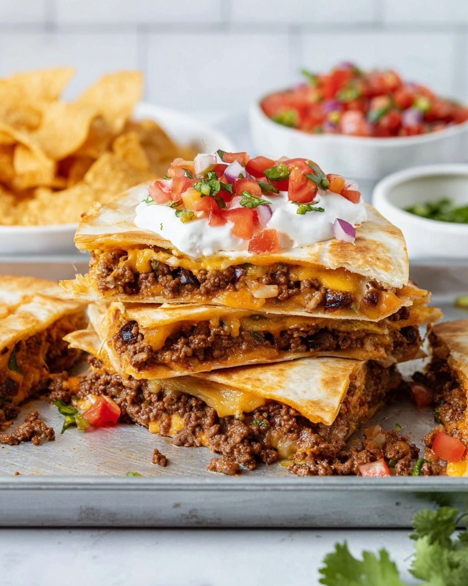 A stack of three triangular quesadilla slices sits on a metal tray with small ground beef pieces scattered around. Each slice shows visible layers: a crispy golden-brown tortilla on top and bottom, with melted yellow cheese and mixed cooked ground beef with small bits of red and white onions and tomatoes. The top slice is covered with a layer of white sour cream, small diced red tomatoes, white onions, green jalapeno, and sprinkled with green cilantro pieces. In the background, crispy tortilla chips spread around and a small white bowl with more diced tomatoes are visible on a white marbled surface. Photo taken with an iphone --ar 4:5 --v 7