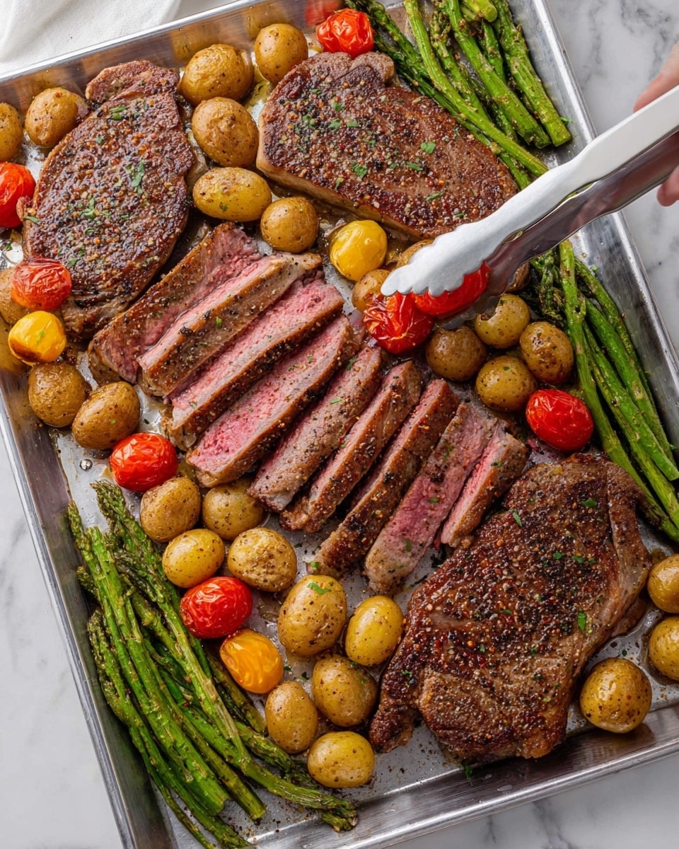 A large silver tray on a white marbled surface holds three cooked steaks seasoned with pepper and spices; one steak is cut into seven thick slices showing a pink center and brown edges, placed in the middle of the tray. Around the steaks are golden roasted small potatoes, bright green asparagus spears, and whole red and orange cherry tomatoes. A woman's hand with white tongs is reaching down from the top to grab a piece of steak. The food appears juicy and well-cooked with a mix of textures and warm colors, giving a fresh and inviting look. Photo taken with an iphone --ar 4:5 --v 7