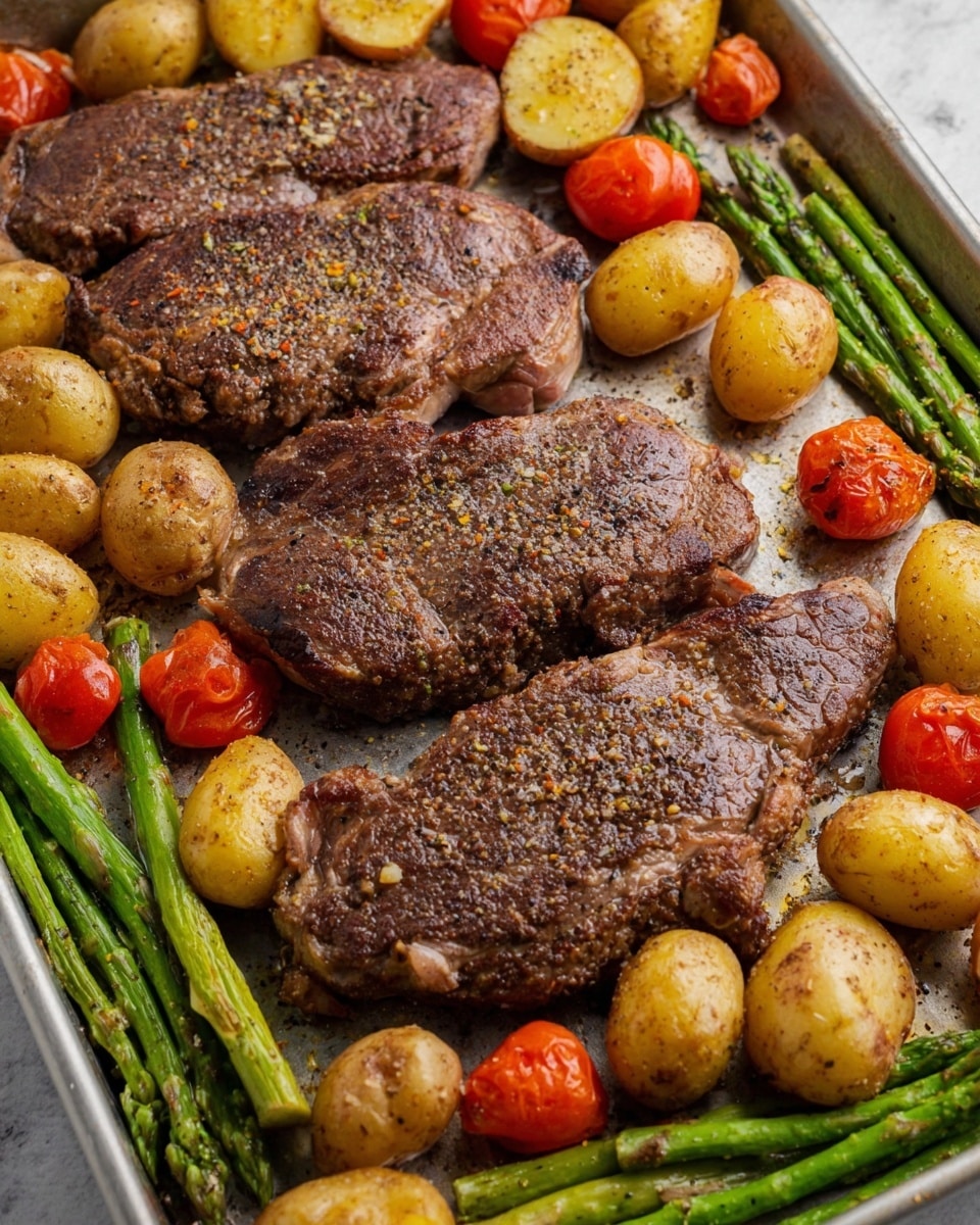 The image shows a tray with three cooked steaks placed diagonally, each steak browned and seasoned with visible black pepper and spices. Surrounding the steaks are small roasted golden and white potatoes with a slightly crispy texture, along with green asparagus spears that have a tender look. Bright red cherry tomatoes are scattered around, adding a pop of color. The food is arranged on a white marbled textured surface that reflects the fresh and hearty meal. photo taken with an iphone --ar 4:5 --v 7