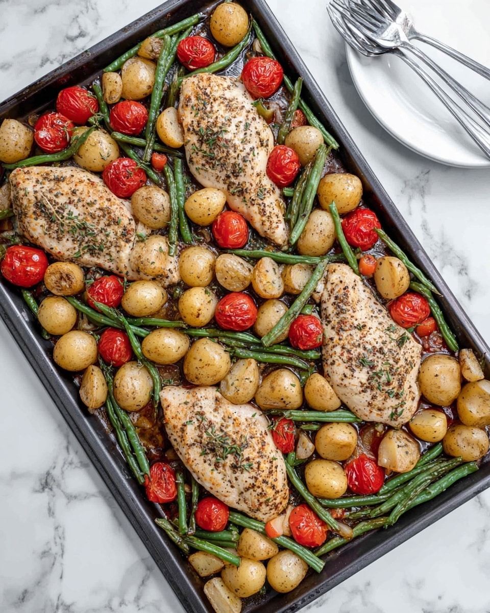 The image shows a large baking tray filled with a one-layer meal consisting of four cooked chicken breasts, small golden baby potatoes, green beans, and bright red cherry tomatoes. The chicken breasts are seasoned with black pepper, herbs, and small bits of salt, giving them a speckled, slightly crispy appearance. The baby potatoes are scattered evenly around the chicken, showing a light golden-brown roasted look. The green beans are cooked but still green, lying in clusters around the chicken and potatoes. The cherry tomatoes are soft and slightly wrinkled, adding a pop of vibrant red color throughout the tray. The tray sits on a white marbled surface, and a white plate with silver forks is partially visible nearby. photo taken with an iphone --ar 4:5 --v 7