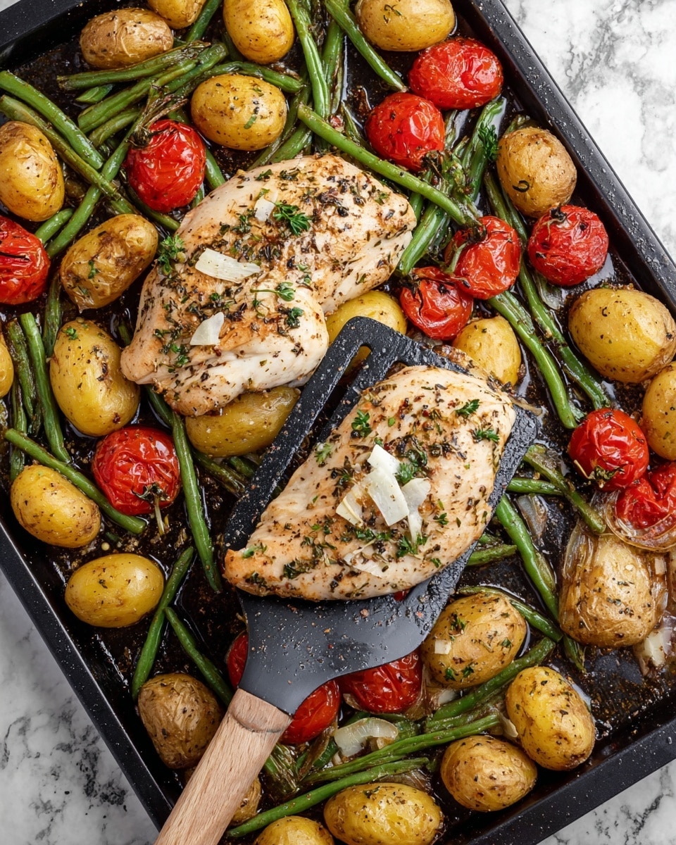The image shows a baking tray filled with one large and three medium-sized cooked chicken breasts seasoned with herbs and black pepper, topped with small white cheese shavings and scattered green parsley. Surrounding the chicken are roasted small round yellow potatoes, bright red roasted cherry tomatoes with some split skins, and green beans with slight charring. The food is cooked in a light layer of oil, creating a shiny surface, and a black spatula with a wooden handle is lifting one of the chicken breasts from the tray. The background is a white marbled texture. photo taken with an iphone --ar 4:5 --v 7