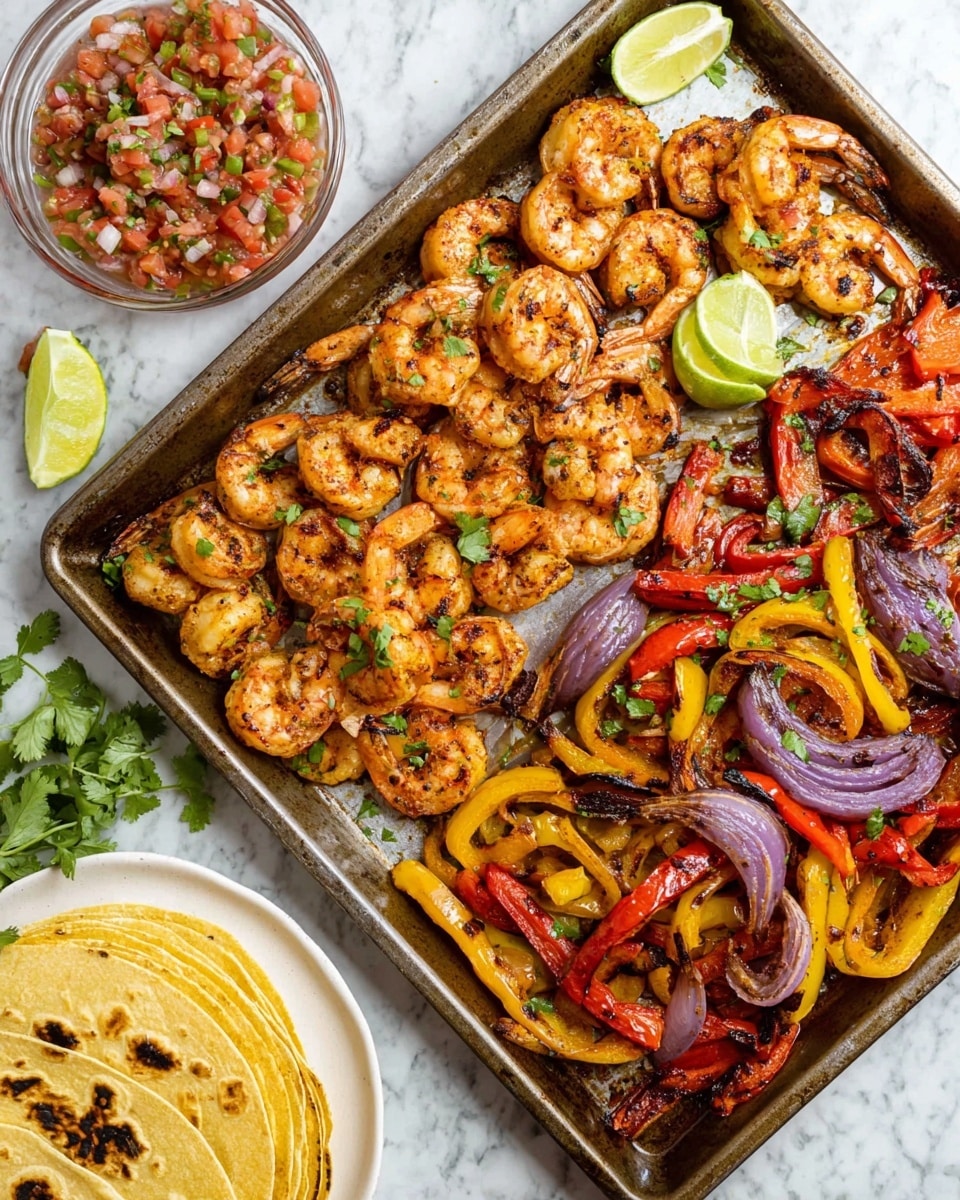 A metal baking tray filled with two main sections: the left side has a single layer of well-cooked shrimp, pink with dark grill marks, garnished with a few green cilantro leaves and a lime wedge on top; the right side has a single layer of roasted bell peppers and red onions, showing colors of red, yellow, orange, and purple with some charred edges, also topped with scattered cilantro leaves and lime wedges. At the top left corner of the tray, there is a small clear bowl filled with tomato, onion, and cilantro salsa. To the right, on a white plate with stacked grilled tortillas, and some cilantro sprigs near the tray on a white marbled texture background. photo taken with an iphone --ar 4:5 --v 7