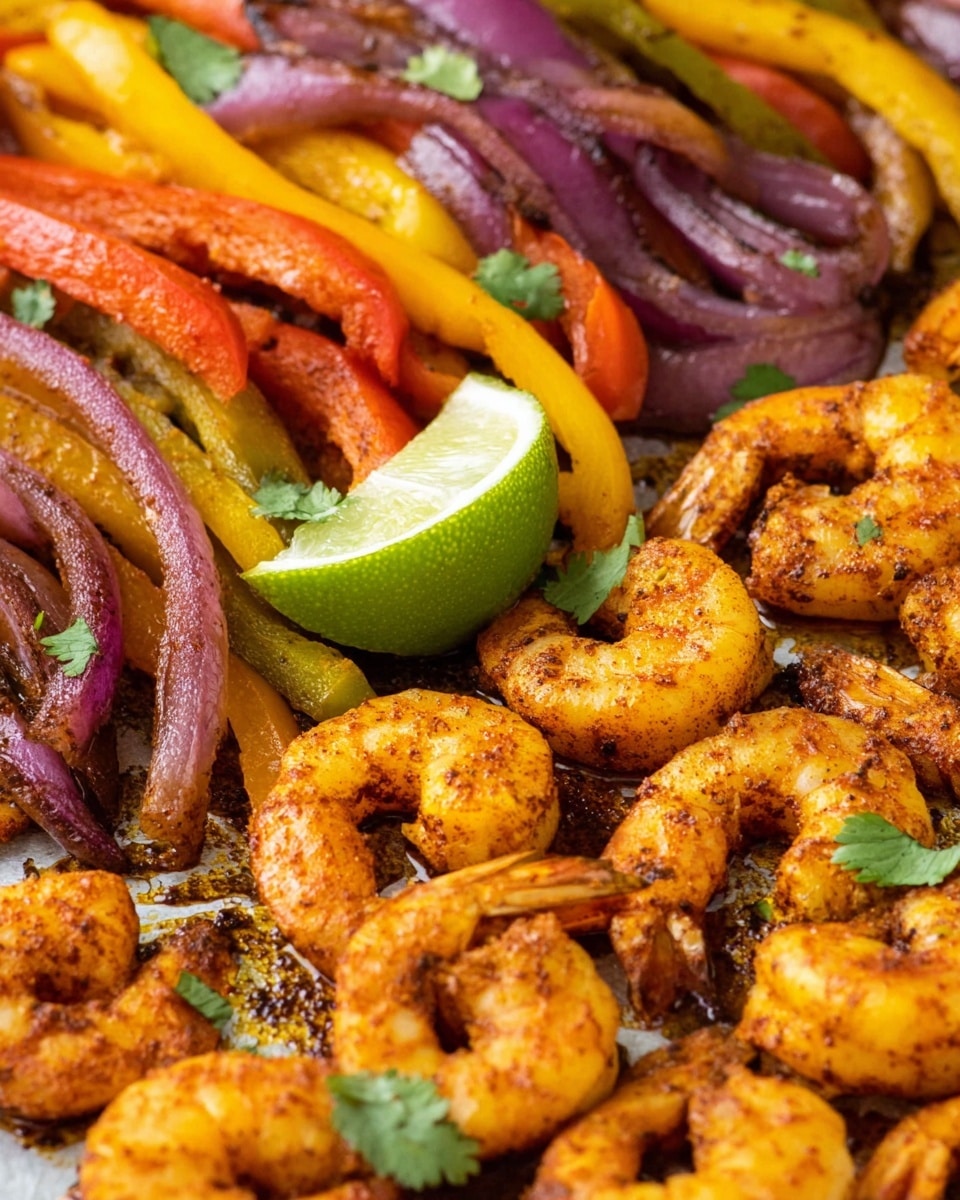 The image shows one layer of cooked shrimp in the front, golden orange with dark spices, looking juicy and slightly curled. Behind the shrimp, there is one layer of mixed sautéed vegetables including red, yellow, and orange bell pepper strips along with purple onion slices, all lightly charred. A wedge of green lime sits on the right side among the shrimp, cut to show the juicy inside. A small green cilantro leaf is in the middle, resting on the peppers for a fresh touch. The food is in a pan with some oil visible underneath. The background is a white marbled texture. Photo taken with an iphone --ar 4:5 --v 7