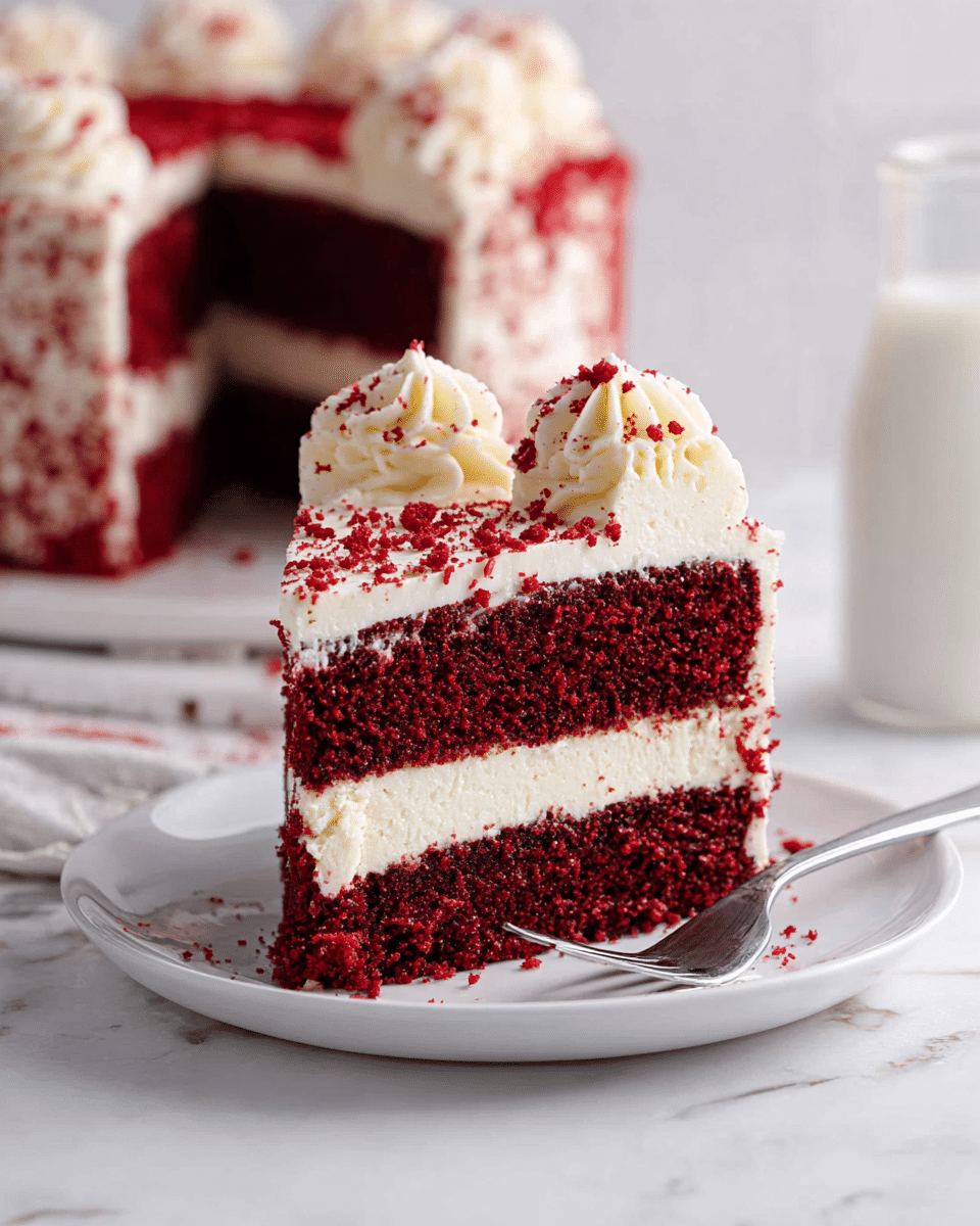 A slice of red velvet cake is shown on a white plate, placed on a white marbled surface. The cake has three main layers: the top and bottom layers are dark red with a soft, crumbly texture, and the middle layer is thick and creamy white, smooth and dense. On top of the slice is a layer of white frosting with red crumbs sprinkled on it, topped with small swirls of white frosting. In the background, there is a blurred whole cake with similar layers and frosting and a glass bottle filled with milk. A fork lies in front of the plate. photo taken with an iphone --ar 4:5 --v 7