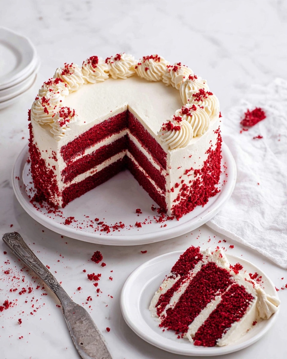 A round red velvet cake with two thick red layers separated by white cream layers sits on a white plate on a white marbled surface. The outside is covered in smooth white frosting, with crumbs of red cake sprinkled on the sides and top. The top edge is decorated with a ring of white frosting swirls. One slice is cut and placed on a smaller white plate in front of the cake, showing the clear layers. Red crumbs scatter around the plates and a vintage silver knife lies nearby. Photo taken with an iphone --ar 4:5 --v 7