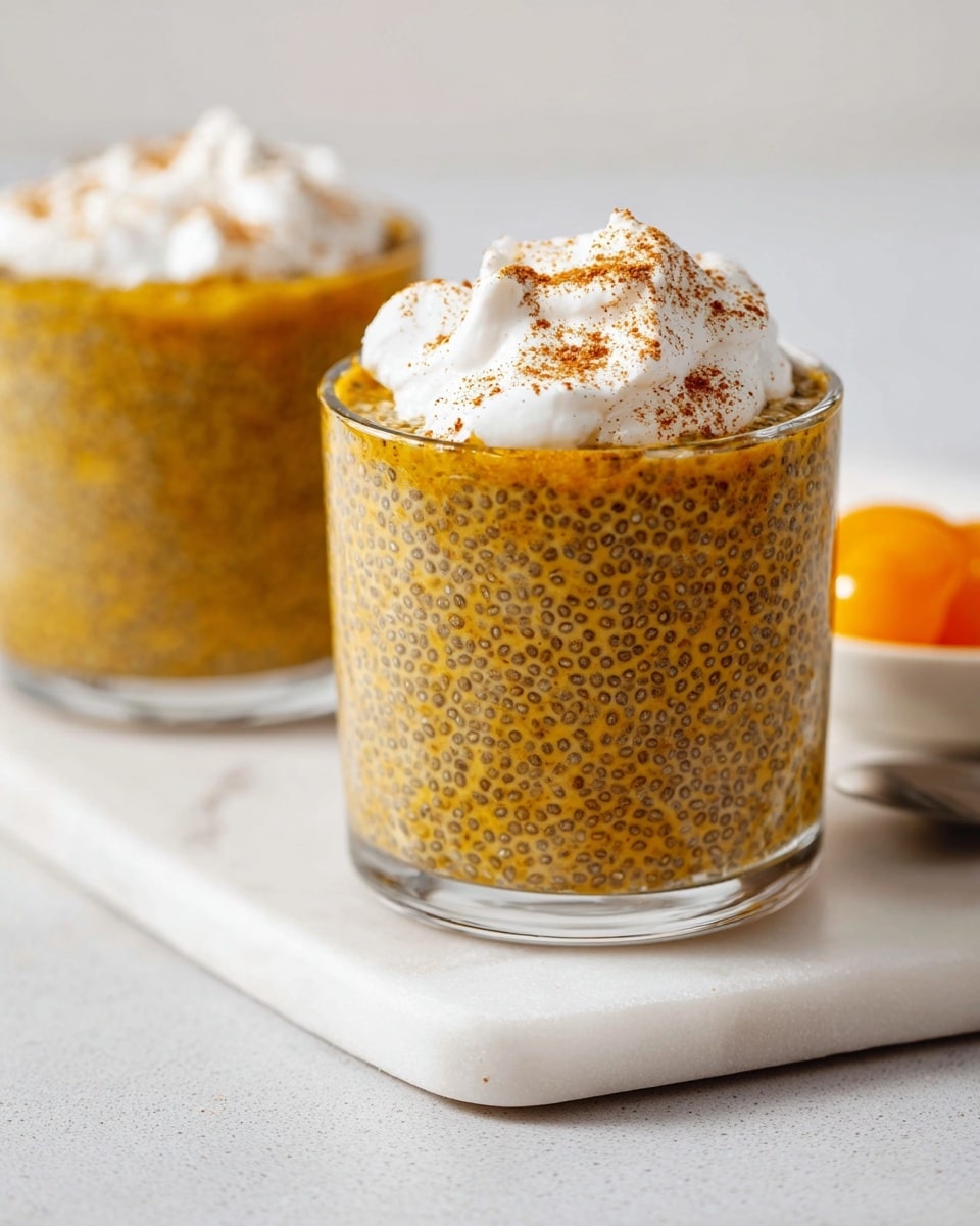 Two clear glass cups filled with thick chia seed pudding that has a yellowish-brown color and a textured look from the chia seeds. Each cup has a dollop of white whipped cream on top lightly sprinkled with brown cinnamon or spice. The cups are placed on a white marble board, with a small white dish containing an orange-colored fruit or puree blurred in the background. The photo shows a close-up view focusing on the front cup, with soft natural light highlighting the texture. Photo taken with an iphone --ar 4:5 --v 7
