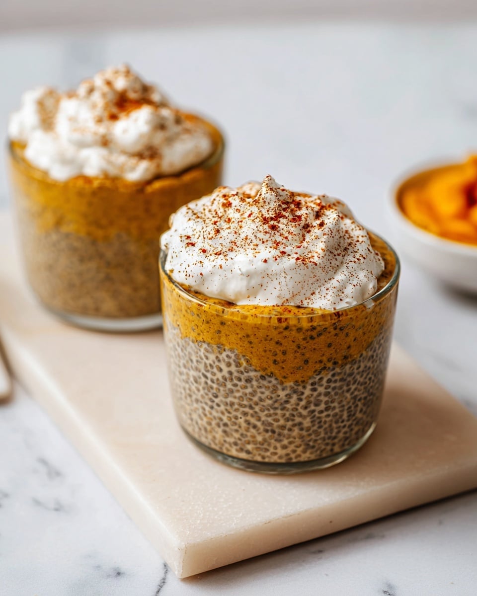 Two clear glass cups sit on a rectangular light beige cutting board over a white marbled surface. Each cup is filled with a thick, textured layer of golden-brown chia pudding mixed with visible tiny black chia seeds. On top of the pudding in each cup is a fluffy, off-white dollop of whipped cream, sprinkled with a dusting of reddish-brown spice. In the blurred background, there is a white bowl filled with an orange substance. The setting is bright with soft, natural light. photo taken with an iphone --ar 4:5 --v 7