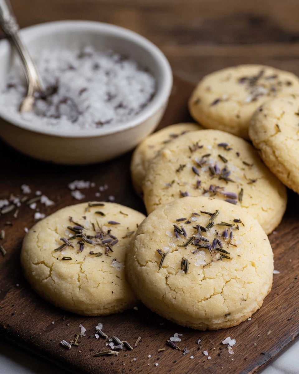 The image shows a close-up of round cookies, about five visible, laid out on a dark wooden board. Each cookie has a soft, pale yellow surface with tiny cracks and is sprinkled with tiny dark seeds or dried herbs scattered unevenly on top. To the upper left, there is a shallow white bowl filled with white salt mixed with similar small seeds, and a silver spoon rests in the bowl. The setting has a warm, cozy feel with a white marbled textured background softly visible. photo taken with an iphone --ar 4:5 --v 7