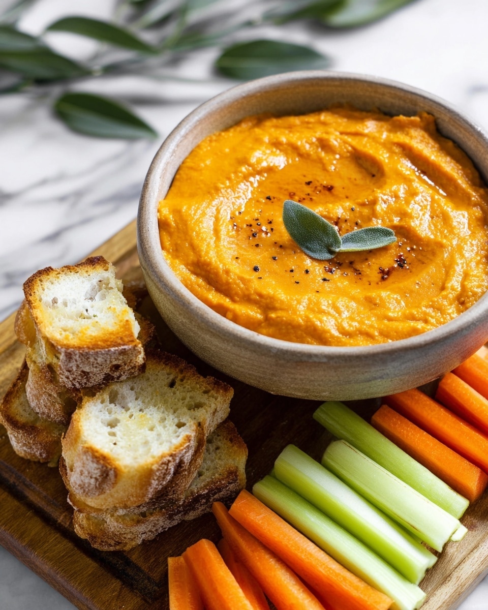 A bowl filled with smooth, thick bright orange dip topped with a small green leaf near the edge, sitting on a wooden board. Next to the bowl, there are pieces of crispy toasted white bread with a golden-brown crust and a light spread of oil and black seasoning on top, stacked partly on each other. Below the bread, arranged neatly, are fresh raw carrot sticks in bright orange and celery sticks in a pale green color. The whole set is placed on a white marbled surface with some green leaves blurred in the background. photo taken with an iphone --ar 4:5 --v 7