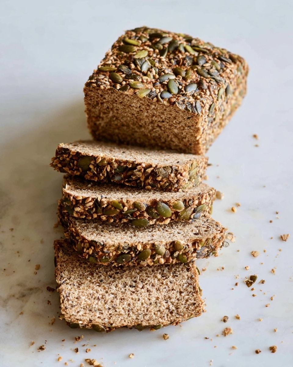 The image shows a loaf of multigrain bread that is sliced into five pieces, arranged in a slightly fanned out stack on a white marbled surface. The bread has a dense, light brown crumb with a coarse texture, and the crust is covered in a variety of seeds including pumpkin seeds, sunflower seeds, and flaxseeds, giving it a rough and crunchy look. Crumbs and loose seeds are scattered around the bread, adding a natural touch. The top slice is lifted slightly, showing the thickness and texture inside the bread. photo taken with an iphone --ar 4:5 --v 7