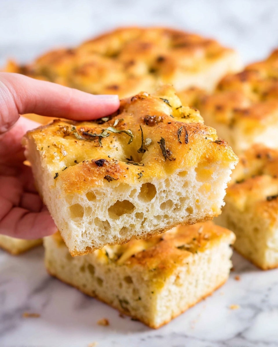 A close-up view shows a thick square piece of golden focaccia bread being held by a woman's hand, highlighting its soft, airy texture with visible air pockets inside. The bread has a light golden brown crust with small dimples on top, sprinkled with dried herbs and small bits of roasted garlic. Around the main slice, several more thick focaccia pieces with the same golden crust and seasoning rest on a white marbled surface, creating a cozy, fresh-baked feel. photo taken with an iphone --ar 4:5 --v 7