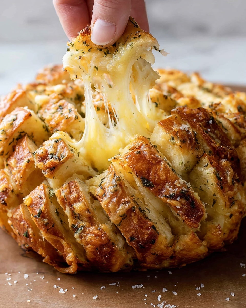 A close-up of a pull-apart bread with several thick, golden brown layers of soft dough stacked side by side, each layer filled with stringy, melted cheese that stretches as a woman's hand pulls one piece away. The bread is sprinkled with herbs and bits of garlic, giving the top a textured, slightly crispy look with a mix of light yellow and golden tones. Salt flakes are scattered on the surface, adding to the rustic, freshly baked appearance. The background is a white marbled texture. Photo taken with an iphone --ar 4:5 --v 7