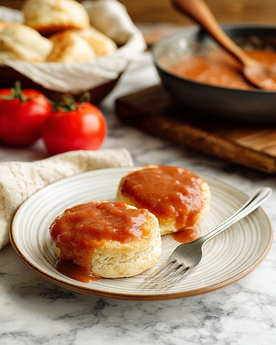 Two round, light golden biscuits sit side by side on a white plate with subtle lines. The biscuits are topped with a thick, reddish-brown gravy that covers most of their surface and drips slightly on the sides. A silver fork rests on the right side of the plate. In the background, there is a basket partially covered with a cream-colored cloth holding more biscuits, and fresh red tomatoes are visible behind it. A pan filled with the same reddish-brown gravy with a wooden spoon is also in the background, all set on a white marbled surface. Photo taken with an iphone --ar 4:5 --v 7
